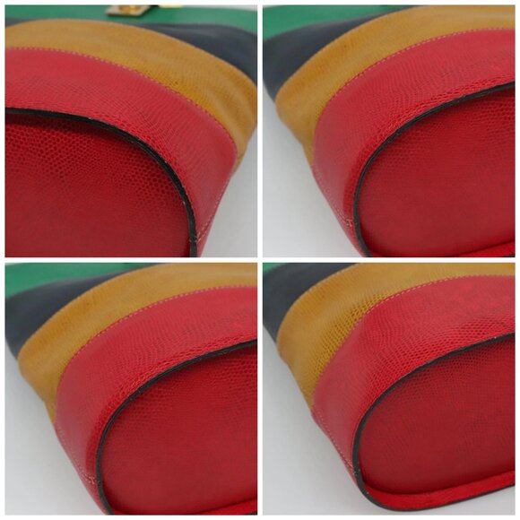 CELINE Shoulder Bag Leather Embossed Green Yellow Red Auth BA973 - Picture 14 of 16